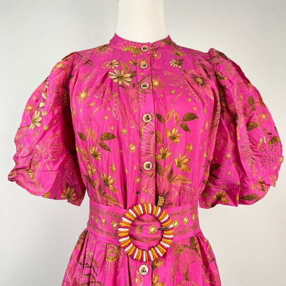 NWOT Farm Rio x Anthropologie Beaded Belt Puff Sleeve Pink Mini Dress Sz M - Picture 3 of 12